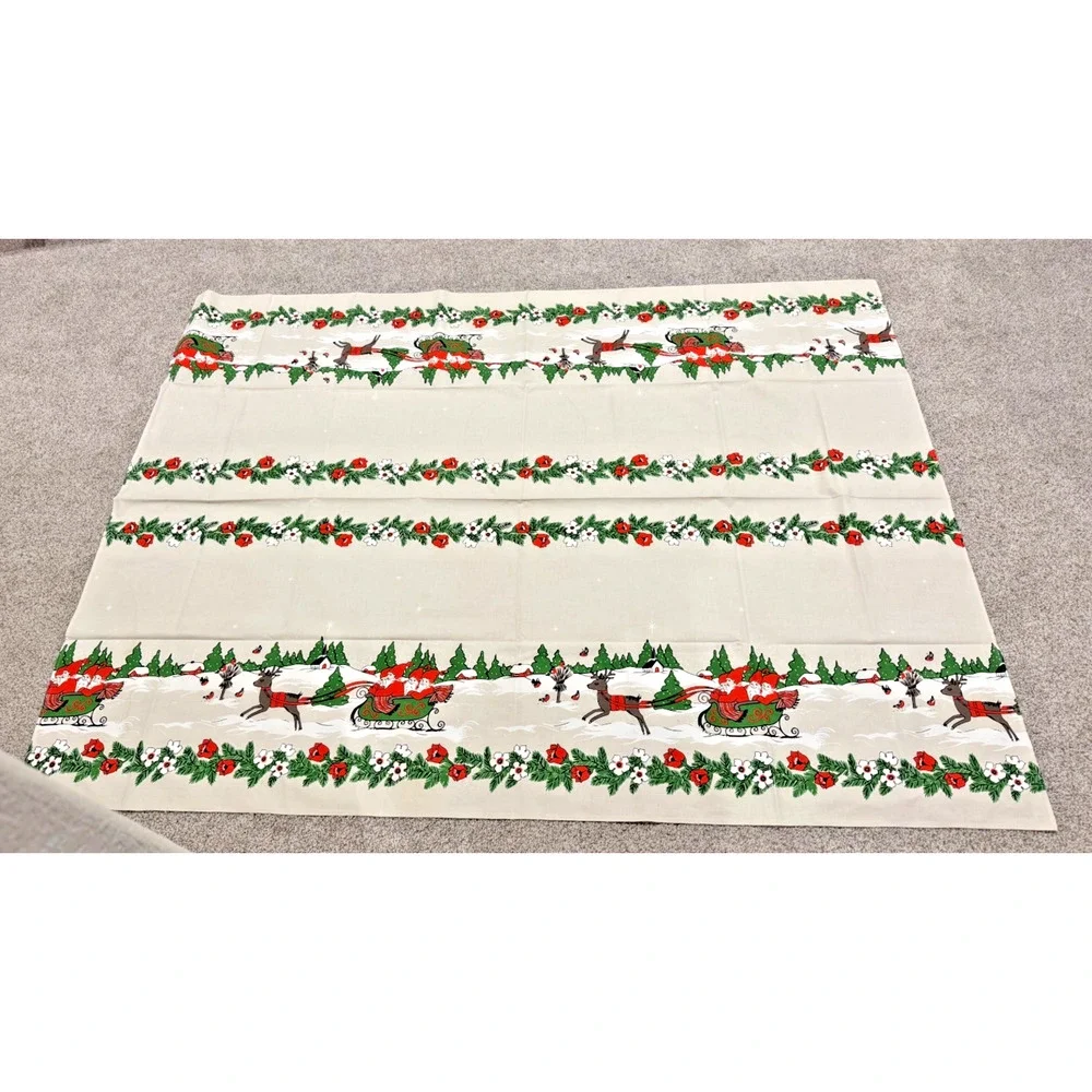 Vtg ALMEDAHLS Swedish Tablecloth Christmas Elves Sleigh Linen 51x69 Rectangle
